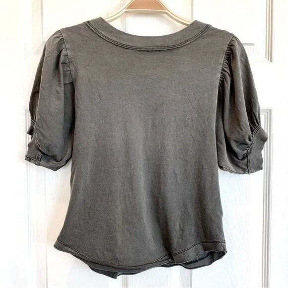 Free People Black Peony Puff-Sleeves Puff Shoulder Short Sleeves Tee T-Shirt Top - Picture 5 of 12